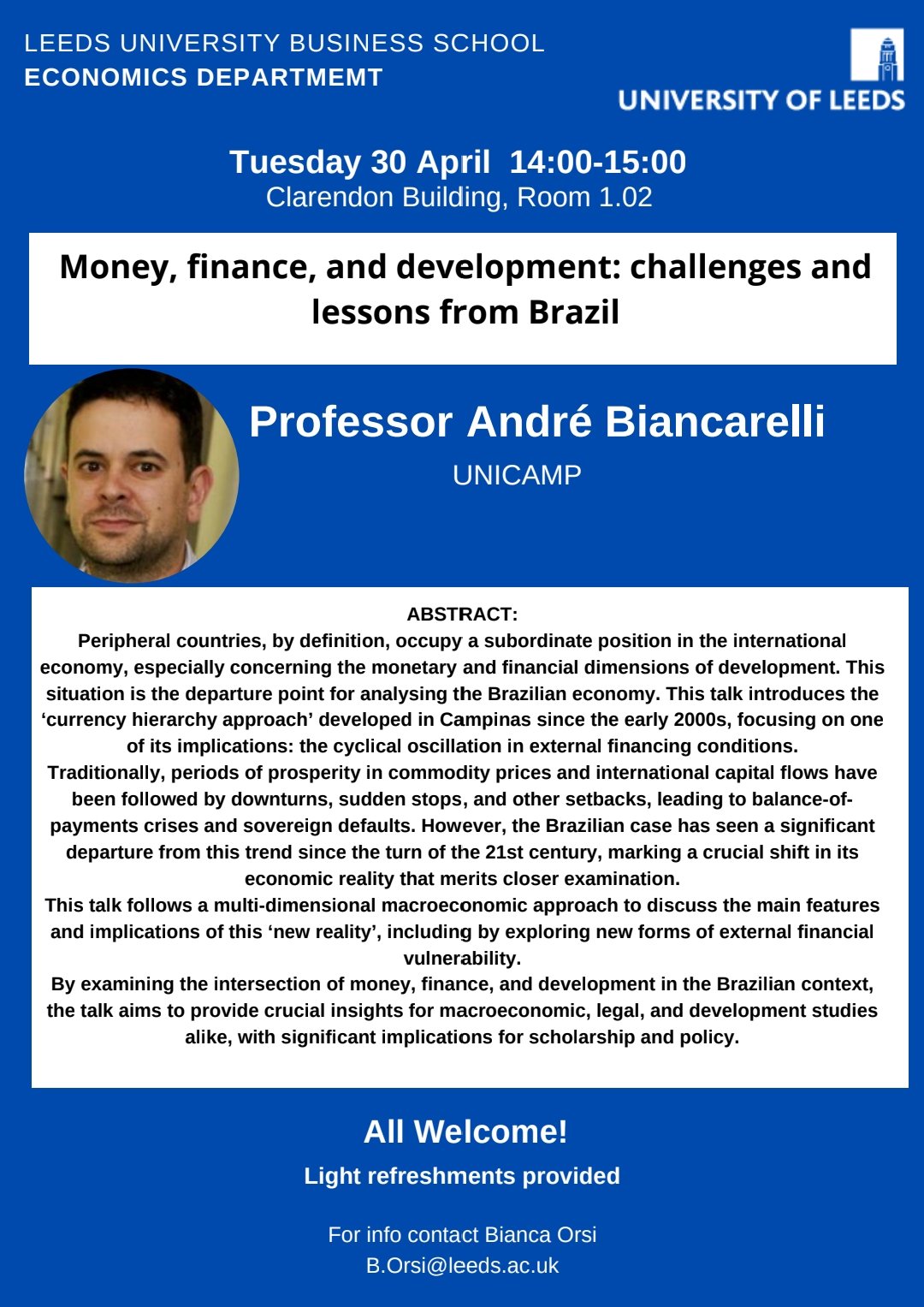 Research Seminar - Professor André Biancarelli, UNICAMP: Money, finance, and development: challenges and lessons from Brazil
